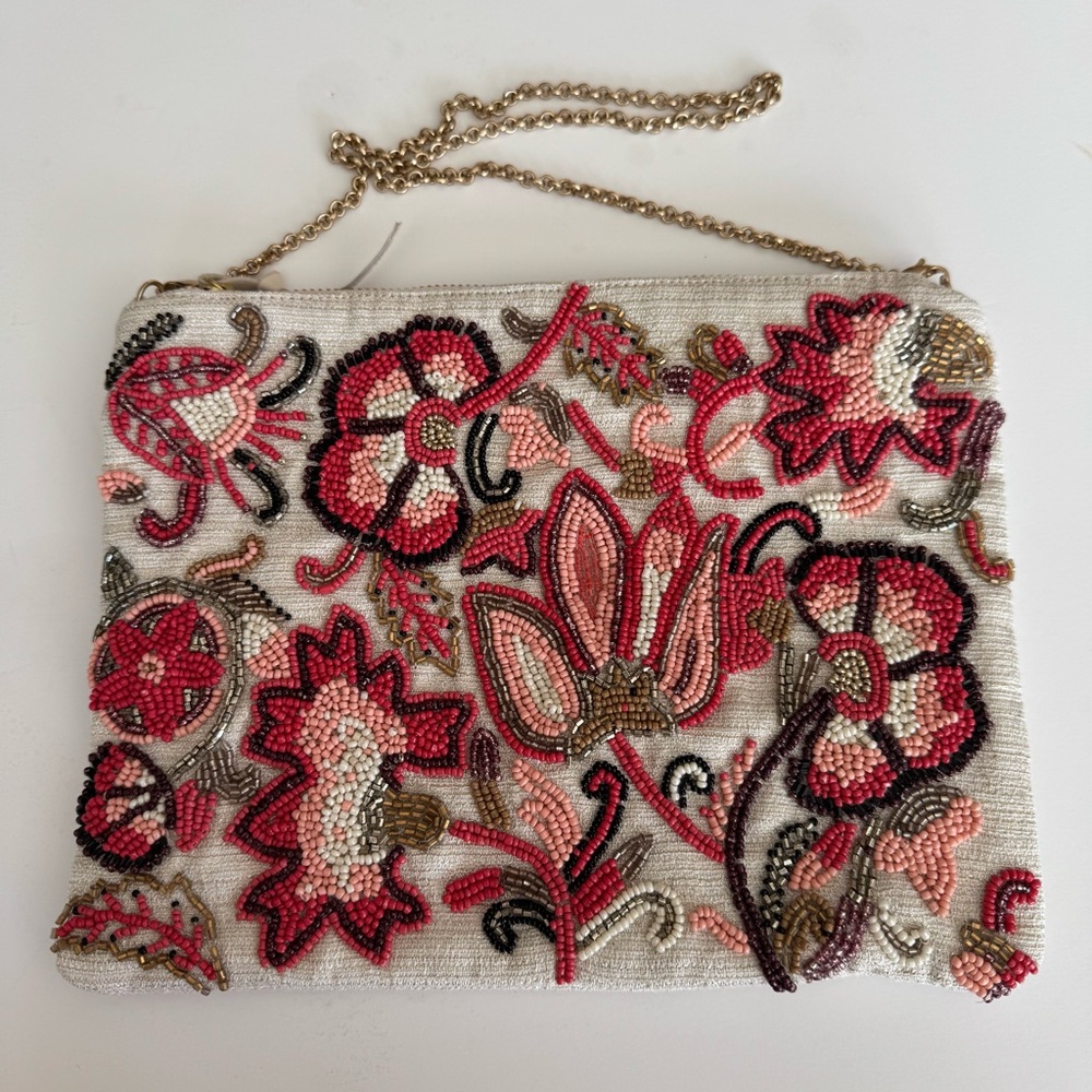 Chico's Beaded Floral Chain Clutch in White, Pink, Red, Gold, Black